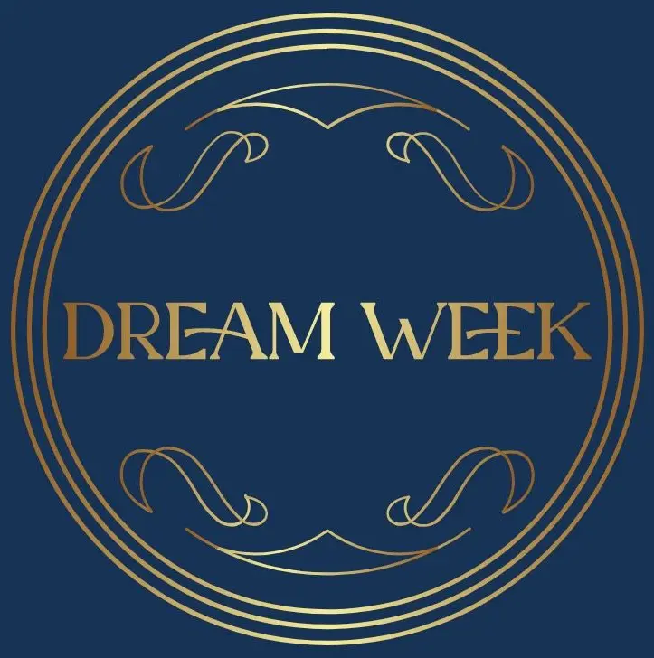 A blue and gold circle with the words " dream week ".