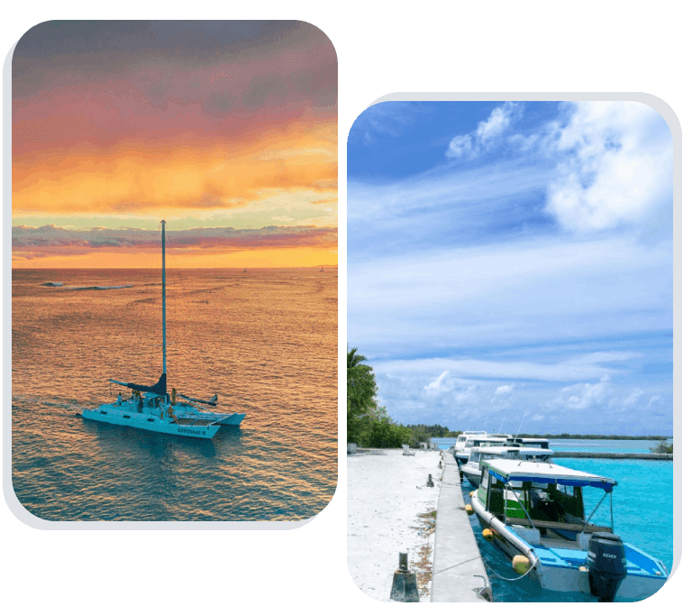 A collage of two different pictures with boats in the water.